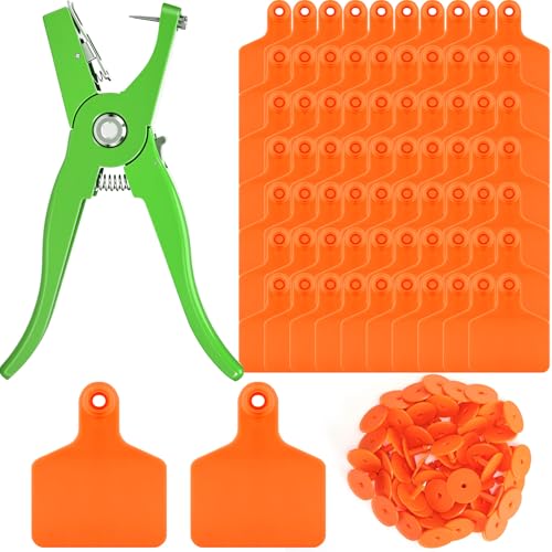 Lothee 100 Pcs Blank Cattle Ear Tags with Pliers Large Orange Plastic Precision Animal Identification Blank Livestock Ear Tags for Cattle Cow Horse Dog Pig Goat Sheep Farm Management - color: Orange