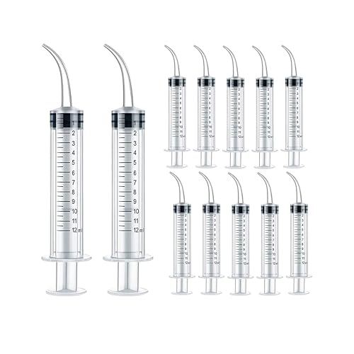 12 Pack Dental Syringe Disposable 12ml Dental Irrigation Syringe with Curved Tip for Oral, Dental Care, Tonsil Stone Squirt, Feed Pet, Liquid Injection, Oil, Glue, With Clear Measurement (C 12 Pack 12ml) - size: C 12 Pack 12ml