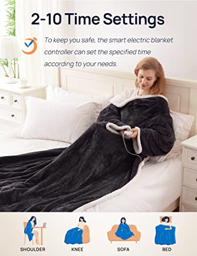 Westinghouse Wearable Heated Blanket with Foot Pocket Sherpa 50x70+18 Grey | Electric Snuggle Throw with Foot Pocket, Flannel Sherpa 6 Heating Levels & 2-10 Hours Auto Shut Off, Home Office Use - color: Grey&ivory, size: 70*50" Heated Snuggle Blanket (Lon