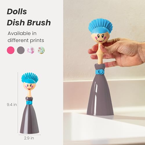 Vigar Dolls Dish Brush with Handle and Holder, Gray, Blue | Dish Scrubber, Kitchen Scrub Brush, Dishwashing Brush Tool for Kitchen Sink Cleaning, Cute Standing Design - color: Gray, Blue