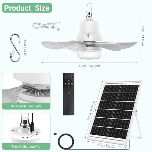 Solar Fan for Gazebo with Light | Solar Powered Ceiling Fan with Remote | 18000mAh Rechargeable | 17.5'' Portable Outdoor Hanging Fans for Pergola| Backyard| Camping| Tent| RV Canopy, IP54 Rated