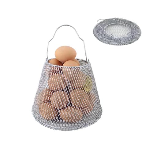 Collapsible Round Egg Basket - Metal Wire Storage with Handles, Perfect for Hanging & Family Farm Gathering - Golden Basket for Chicken Farm, Holds 20-25 eggs