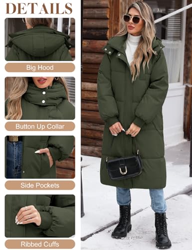 Women Long Puffer Coat Winter Warm Hooded Jacket Long Sleeve Parka Full Length Down Coats With Zip - color: Army Green, size: Medium