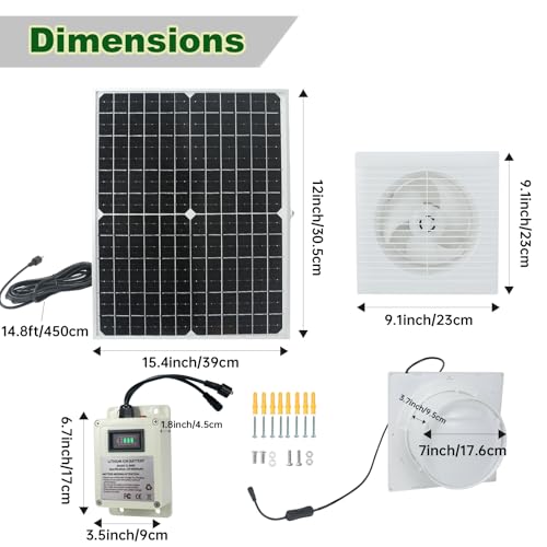 Solar Fan for Chicken Coop with Battery 25W Solar Panel Powered Exhaust Fans with 14.8ft On/Off Switch Cable for Greenhouse, Sheds, Pet Houses, Ventilation, Outside, Greenhouse Air Circulation Garages - color: 8000mA Battery