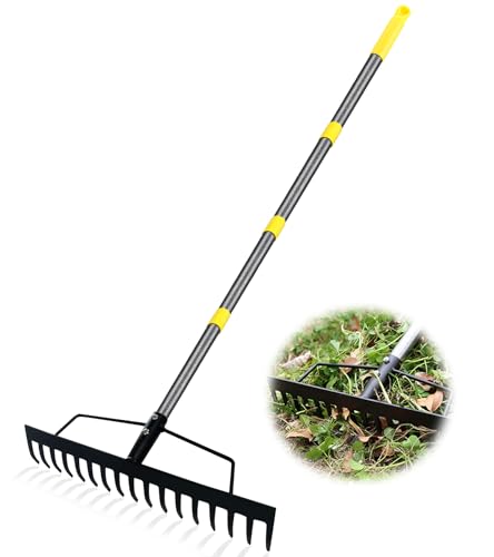 Heavy Duty Metal Bow Rake for Lawn , 17 Steel Tines Garden Rake | 17 Inch Wide, 35"-67" Adjustable Long Handle, Ideal Garden Tool for Soil Leveling, Leaf Gathering & Lawn Care