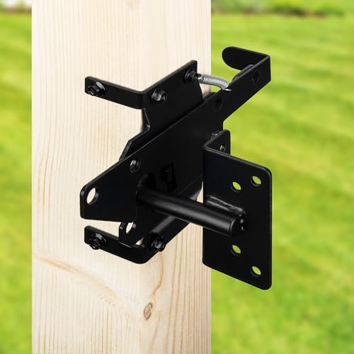 Self Locking Gate Latch Heavy Duty for Wooden Fence Gate, Post Mount Automatic Gravity Gate Lock Door Latch Hardware for Garden, Yard, Secure Pool, Black