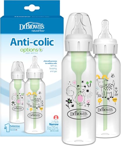 Dr. Brown's Natural Flow Anti-Colic Options+ Narrow Baby Bottle, Squirrel & Goat, 8 oz/250 mL, with Level 1 Slow Flow Nipple, BPA Free, 0m+, (Pack of 12) - color: Pink & Yellow (Squirrel & Goat), size: 1 Count (Pack of 12)