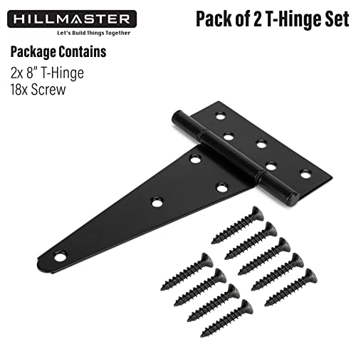 HILLMASTER 8 Inch T-Strap Heavy Duty Shed Door Hinges Gate Strap Hinges Black Tee Hinge Wrought Hardware for Wooden Fences,Yard,Barn Door,Rustproof (2 Pack) - size: 8in 2Pack