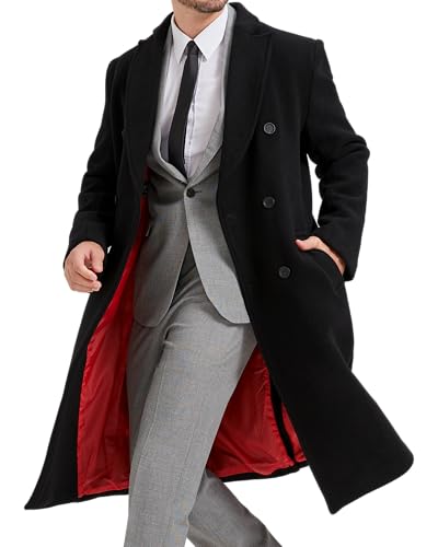 Mens Black Wool Double Breasted Overcoat – Cashmere Long Winter Coat, Peak Lapel Topcoat - color: Black - Red Lining, size: 40