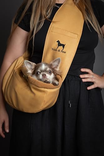 Noah & Paw Dog Sling Carrier for Small Dogs 3-10lb, Dog Sling for Small Dogs and Cats, Dog Carrier with Adjustable Padded Strap, Vegan Leather Lined with Fur, 3X Safety Features, Machine Washable - color: Beige, size: 15.0"L x 6.0"W x 5.5"H