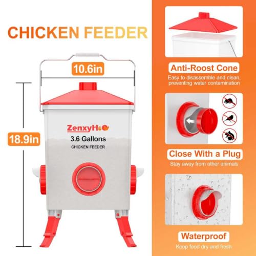 Chicken Feeder and Waterer Set - 3 Height Adjustable | Anti-roost Cone and Locking Legs Design for Backyard Flock