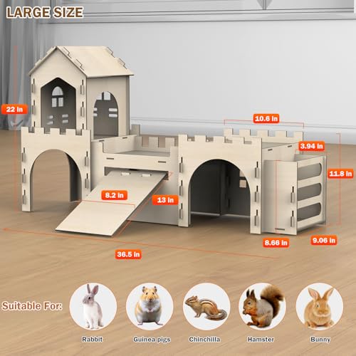 Large Bunny House and Hideouts, Wooden Dual-Layer Rabbit Castle with 4 House Indoor, Sturdy Habitat for Guinea Pig Chinchilla Ferret (Extra Large-4 House with Hay Feeder)