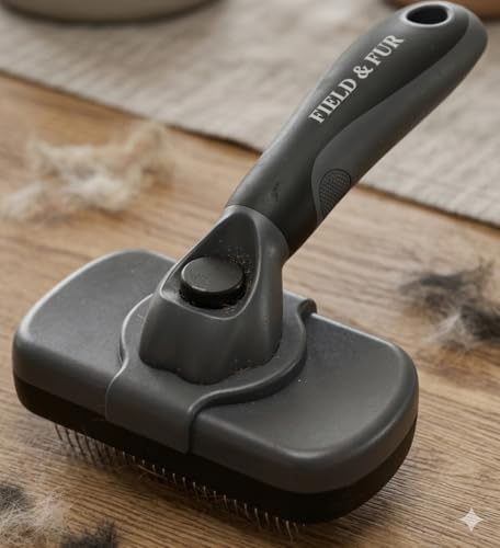 FIELD & FUR Self-Cleaning Slicker Brush for Dogs & Cats, Pin Brush for Goldendoodles, Labradoodles, Poodles, Puppies & Long-Haired Coats - Skin-Friendly Stainless Steel Pins for Shedding & Dematting