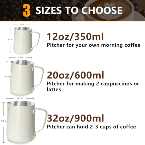 HOOMIL Milk Frothing Pitcher, 12oz/20oz/32oz 304 Stainless Steel | Steaming Pitcher with Clear Scale, Barista Milk Frother Cup Jug for Espresso Machine Coffee Cappuccino Latte Art - 20oz - color: Matte White, size: 20 Ounces