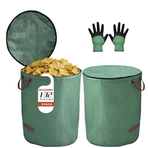 2 Pack 132 Gallon Extra Large Yard Waste Bags with Lid | Jumbo Reusable Garden Bags with Gardening Gloves, Heavy Duty Collapsible Lawn Bag Holder for Massive Leaves & Debris - size: 2-Pack Bags & 1 Pair of Gloves