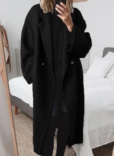 chouyatou Women's Winter Double Breasted Wool Coat Long Sleeve Notch Lapel Long Trench Coat - color: Black, size: Small