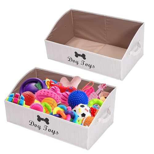 2 Pack Large dog toy bin dog toy box storage box - Foldable Fabric Trapezoid Organizer Boxes with Handle for Dog Toys (Beige-DOG) - color: Beige(2 Pack), size: Large - Dog Toys