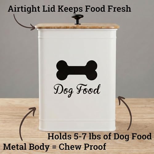 Metal Dog Food Container 5-7lb, 25 Cup w/ Airtight Bamboo Lid, Metal Handle | Pet Jar For Dogs up to 50lbs, Airtight Bamboo Lid, Sturdy Comfortable Metal Handle, Powder Coated Iron, Kibble Storage Bin - color: White: Bone