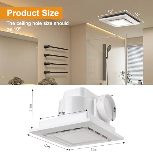 Bathroom Exhaust Fan with Light Ultra Quiet Ventilation Fan Combo 1.0 Sone 145CFM (12" Panel 10"x10" Mount) - color: white