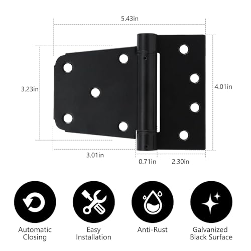 3-1/2 Inch Self Closing Gate Hinges, Spring T Hinges, Black, 4 Pack | Bearing Design and Gaskets Reduce Metal Contact, Steel Hinges Provide Smooth Return for Wood Gates, Fences and Shed Doors - color: 4Pack - Black
