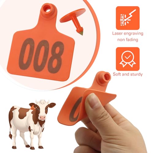 Cattle Ear Tags 001-100, 100Pcs Plastic Livestock Ear Tag for Cows Goats Sheep Pigs with Pliers Applicator & 2 Pins, Animal ID Tags for Ranch Farm Herd Tracking, Laser Print (001-100, Orange) - color: Orange