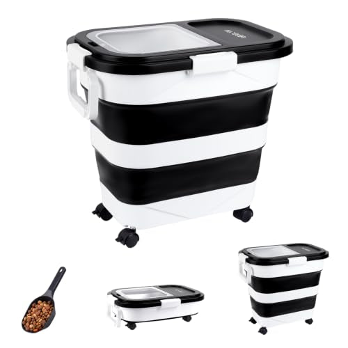 Dog Food Storage Container 30-40lbs, Airtight Pet Food Bin w/ Clear Window | Collapsible Rolling Storage Container with Wheels and Scoop; Black - color: Black-L