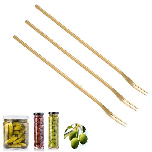 Asanta 3 PCS Pickle Fork, 8.6 Inch Pickle Forks for The Jar, Long Handle Olive Fork, Stainless Steel Cocktail Forks, Pickle Picker, Dessert Fruit Forks (Gold) - color: Gold