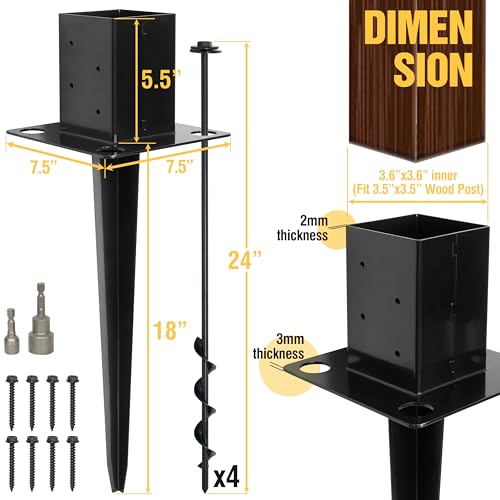 LADECH 4x4 Fence Post Anchor Ground Spike 24” Length with Ground Anchors Screw in - Metal Black Powder Coated – Mailbox Post Anchors – Fit 3.5x3.5 Standard (Black - 1 Pc)