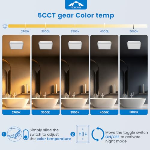 Tech Drive Modern Nickel Bathroom Fan with Light, 80CFM,1.5Sone | 1000lm Dimmable 5CCT LED Light Selectable, Quiet Ventilation fan with night light,Energy Star Certified - size: 80CFM with 5CCT Light (Brushed Nickel)