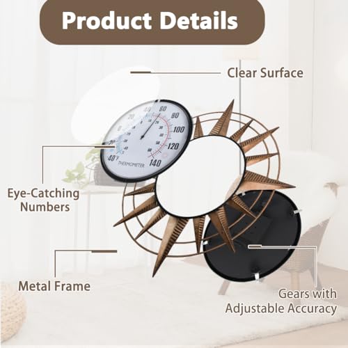 14'' Sun Outdoor Thermometer, No Need Battery | Metal Wall-Mounted Thermometer, Decorative Indoor Thermometers for Garden Patio Living Room - color: Sunburst