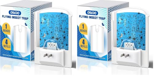 OSVDO Blue UV Light Flying Insect Trap, Plug-in Bug Catcher with 4 Sticky Refills for 100+ Days, Fly Catcher for Flies, Fruit Flies, Gnats, Moths, Silent for Home (Pack of 2) - size: 1 Device & 4 Refills (Pack of 2)