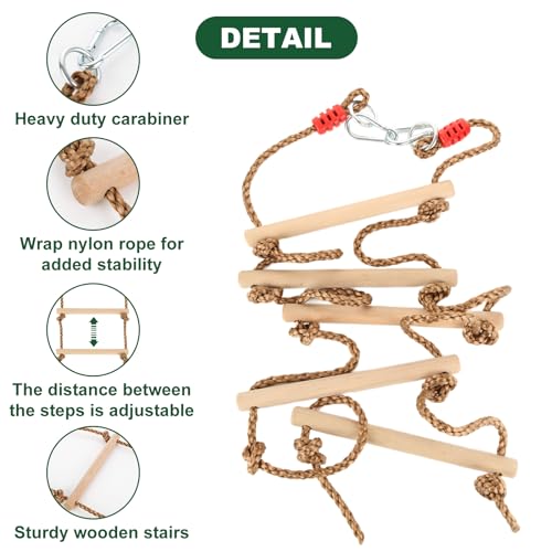 1 Pcs 6.5 Ft Climbing Rope Ladder for Kids, Wooden Rope Hanging Ladder, Rope Ladder for Treehouse Outdoor and Indoor Swing Set Accessories