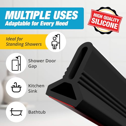 98" Black Shower Threshold Water Dam Barrier, 1.5" Tall Water Stopper Strip | Flexible 1.5-inch-tall door seal helps contain splashes, block leaks and keep bathroom floors dry around walk-in showers - color: Black, style: 98 In
