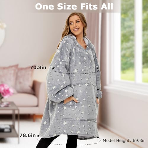 THREE POODLE Wearable Blanket Hoodie for Women, Oversized Sherpa Sweatshirt Blanket for Adults Men, Cozy Hooded Blankets, Glow In the Dark, Gifts for Teen Girls Women Mom Sister - color: Luminous Star, size: Adult