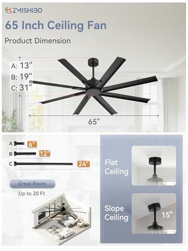 ZMISHIBO 65 Inch Ceiling Fan without Light, 8 Aluminum Reversible Blades | Industrial-Grade, DC Motor, Damp Rated, 6 Speeds, Remote Control, 3 Downrods, Flat/Sloped Ceiling, Living Room, Patio, Gym - color: Black, size: 65inch