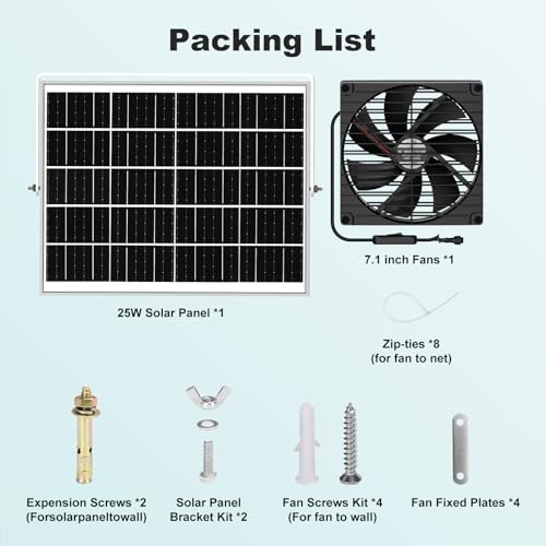 7.1" Large Solar Greenhouse Fan, 25W Solar Powered Vent Exhaust and Intake Chicken Coop Fan Outdoor Waterproof, 16.5 ft Cord, Strong Airflow for Shed Doghouse Cabin Ventilation Air Circulation - size: 7.1" Fan