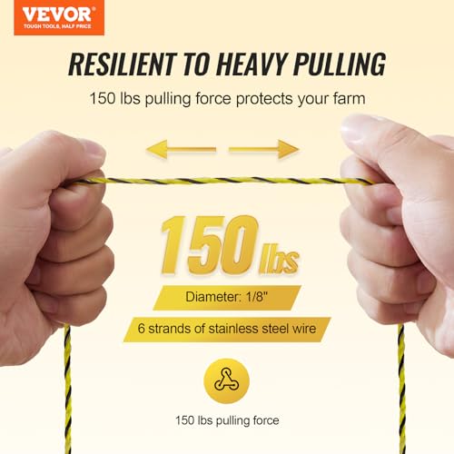 VEVOR Electric Fence Wire, 3366Ft 1026M Portable Polywire, 1/8" Diameter 6 Stainless Steel Strands for Reliable Conductivity and UV, Rust Resistance, Fencing Rope Line for Horse, Cattle, Livestock - size: 3366Ft 1026M, style: 1/8" Strands