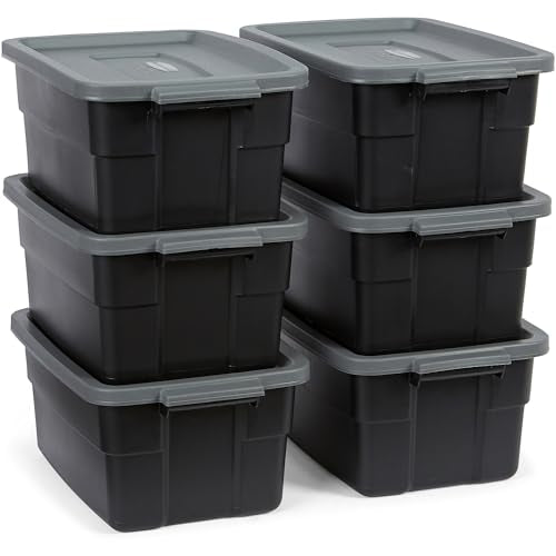 Rubbermaid 6-Pack Heavy Duty Durable 3 GAL Totes for Storage with Snap Lids and Handles, Plastic Storage Bins Stackable Black Gray for Home and Garage (3 GAL - 6 Pack Solid Black and Grey) - size: 3 Gal - 6 Pack