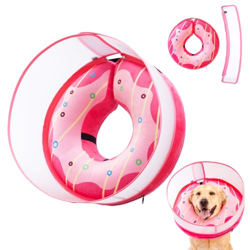 Inflatable Dog Cone Collar for Large Medium Small Dogs, Soft Dog Donut Collar Adjustable Recovery Cone for Pets After Surgery, Extra Enhanced Anti-Licking Guard Shield (Pink Donut, X-Large) - color: Pink Donut, size: X-Large