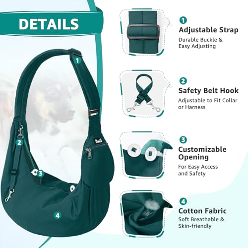 SlowTon Dog Carrier Sling - Thick Padded Shoulder Strap Adjustable, Green S | Dog Carriers for Small Dogs, Puppy Carrier Purse for Pet Cat with Front Zipper Pocket Safety Belt Machine Washable - color: J-Green Cotton Fabric