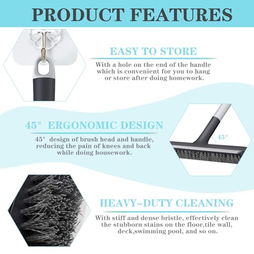 Floor Scrub Brush for Cleaning Bathroom,Kitchen,Patio,Tile,Garage and Deck | Adjustable Long Handle; 2-in-1 Scrape and Heavy-Duty Stiff Bristle; Hanging Hook; Dureable;
