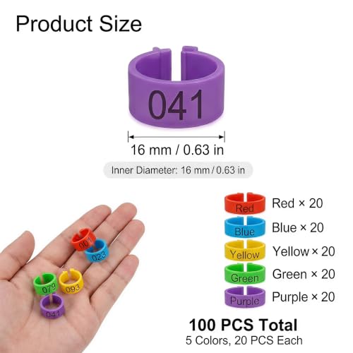 100 PCS 16mm Bird Leg Bands, Numbered Mixed Color Clip On Poultry Rings, Pigeon Quail Identification Bands for Bantam Chickens Canary Lovebirds Small Birds