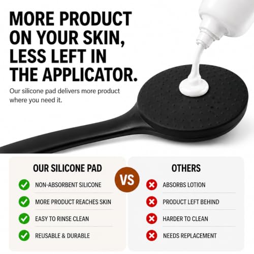 Lotion Applicator for Back with Long Non-Slip Handle, Non-Absorbent Silicone Pad, Easy-to-Clean Body Applicator for Sunscreen, Moisturizer & Self Tanner, Includes Travel Pouch