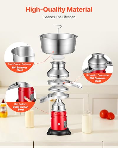 VEVOR Electric Milk Cream Separator, 60L/H Output 10500RPM Milk Cream Centrifugal Separator, 304 Stainless Steel Goat Cow Milk Skimmer Separating Machine with 4.5L Bowl Capacity (40W, 100-240V) - size: Round Base