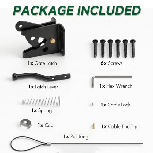 Self-Locking Gate Latch with Spring, Heavy Duty Automatic Fence Latch | Spring-Loaded Self-Locking; Thick Steel, Black Coated; for Wood Fence, Garden, Pool, Barn Gates; Works with Padlocks - size: With Spring-loaded pull cord
