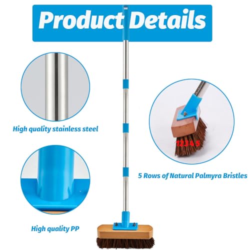 YONILL Floor Scrub Brush with Long Handle for Deck, Patio,Garden, Sidewalk | 60" Adjustable Stainless Steel Handle, Deck Brush with Stiff Natural Palmyra Bristles, Cleaning Rough Surface, Concrete Floor