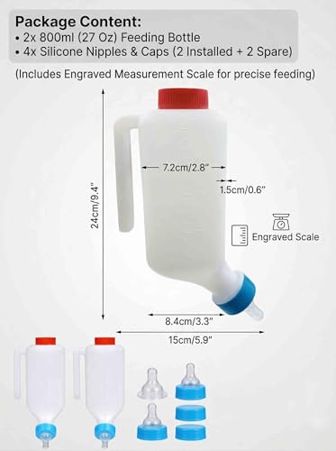 Lamb Feeding Bottle 27 Oz (800ml), Hanging Goat Feeder with Measurement Scale and Soft Nipple,Thickened Nursing Bottle for Lambs, Piglets,Fawns Small Livestock,Replaceable Nipple Included