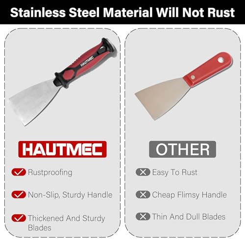 HAUTMEC 3pc Putty Knife Set, 1.25 in - 2 in - 3 in Paint Scraper, Flat Heavy Duty Stainless Steel Blade and Hammer End for Removing Wallpaper for Puttying Plaster, Cement HT0062-PT