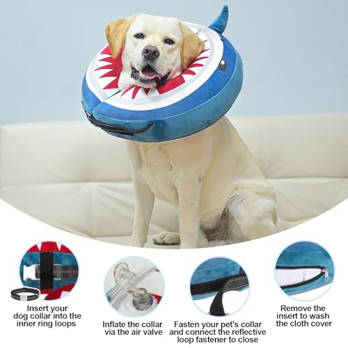 BEAUTYZOO Dog Cone Collar Alternative After Surgery,Pet Neck Donut E‑Collar | Soft Cone for Dogs to Stop Licking, Adjustable Recovery Collar for Large Medium Small Pets, Not Block Vision - Shark Blue, S - color: Shark Donut, size: S(Neck:11"-13")