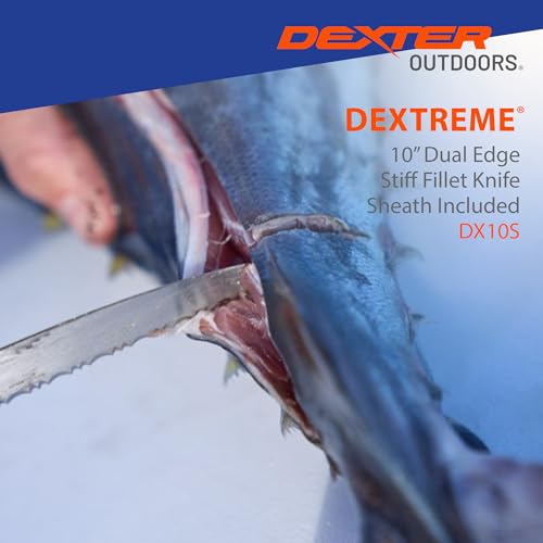 Dexter Outdoors Dextreme Dual Edge 10" Stiff Fillet Knife with Sheath | Stiff dual edge high-carbon stainless blade for large fish and heavy cuts. Protective sheath included for safe transport. - style: 10" Dual Edge Stiff